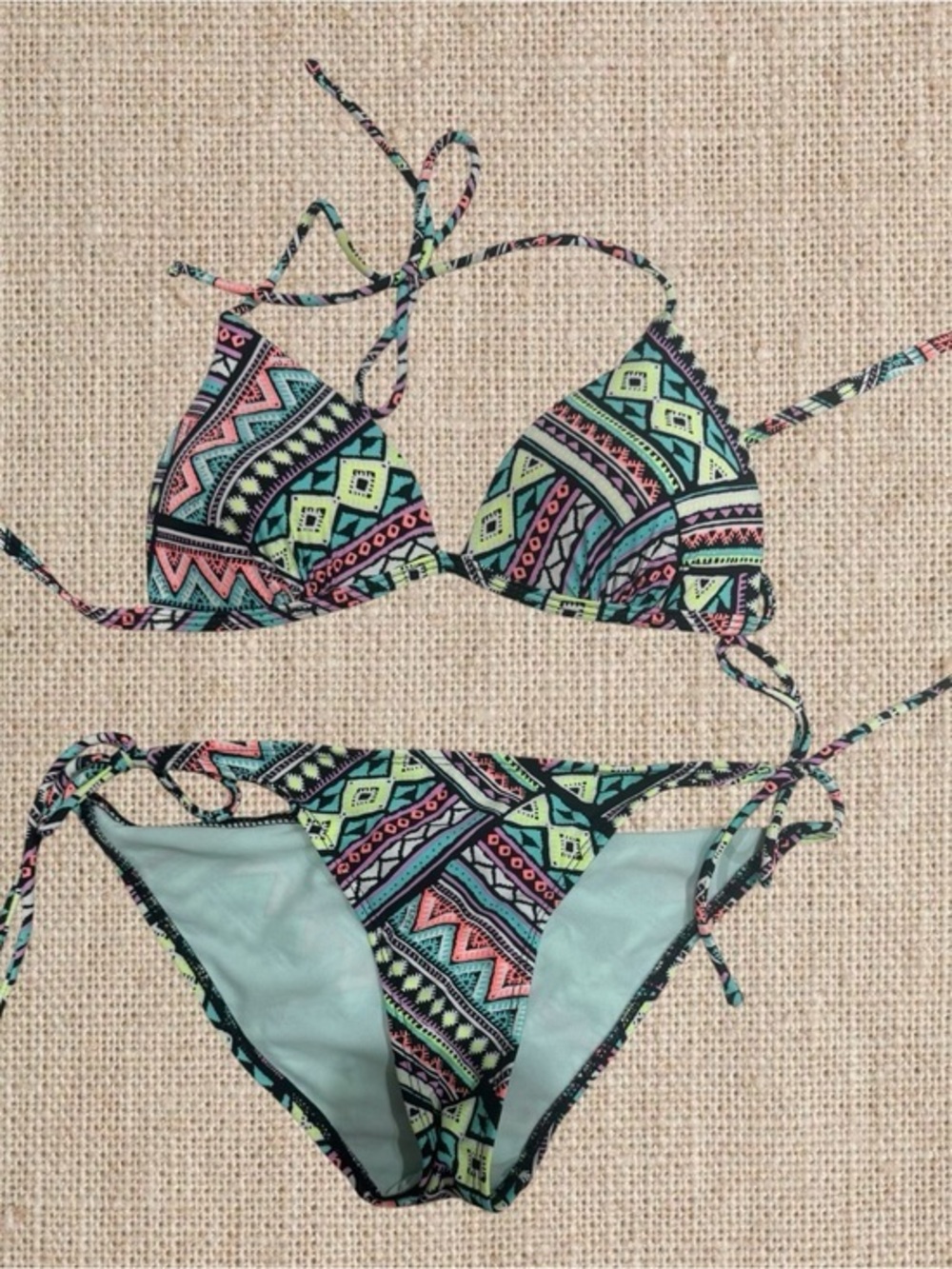OP Multicolor Tribal Print Bikini Top - Black, Teal, Neon Green, Coral